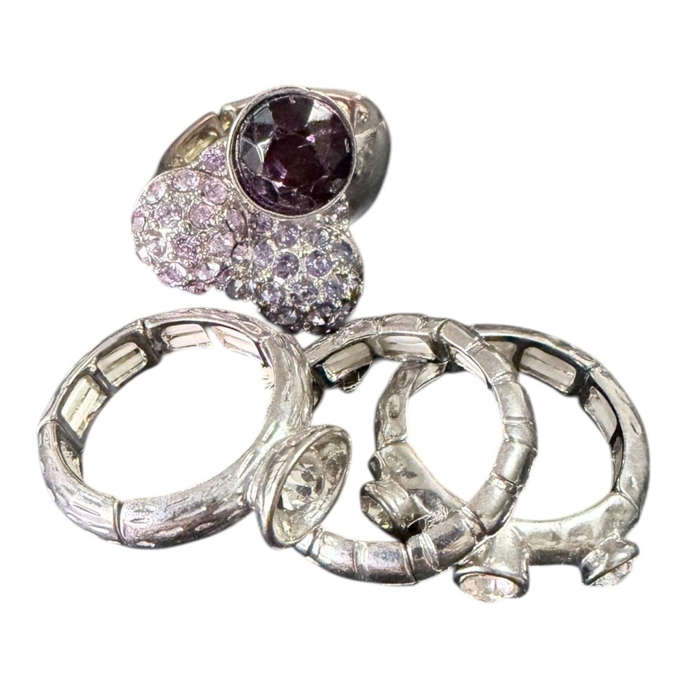 Y2K Unbranded Rings Set Purple Silver Stretch Stackable Rhinestone Crystal 4pc - Picture 2 of 6